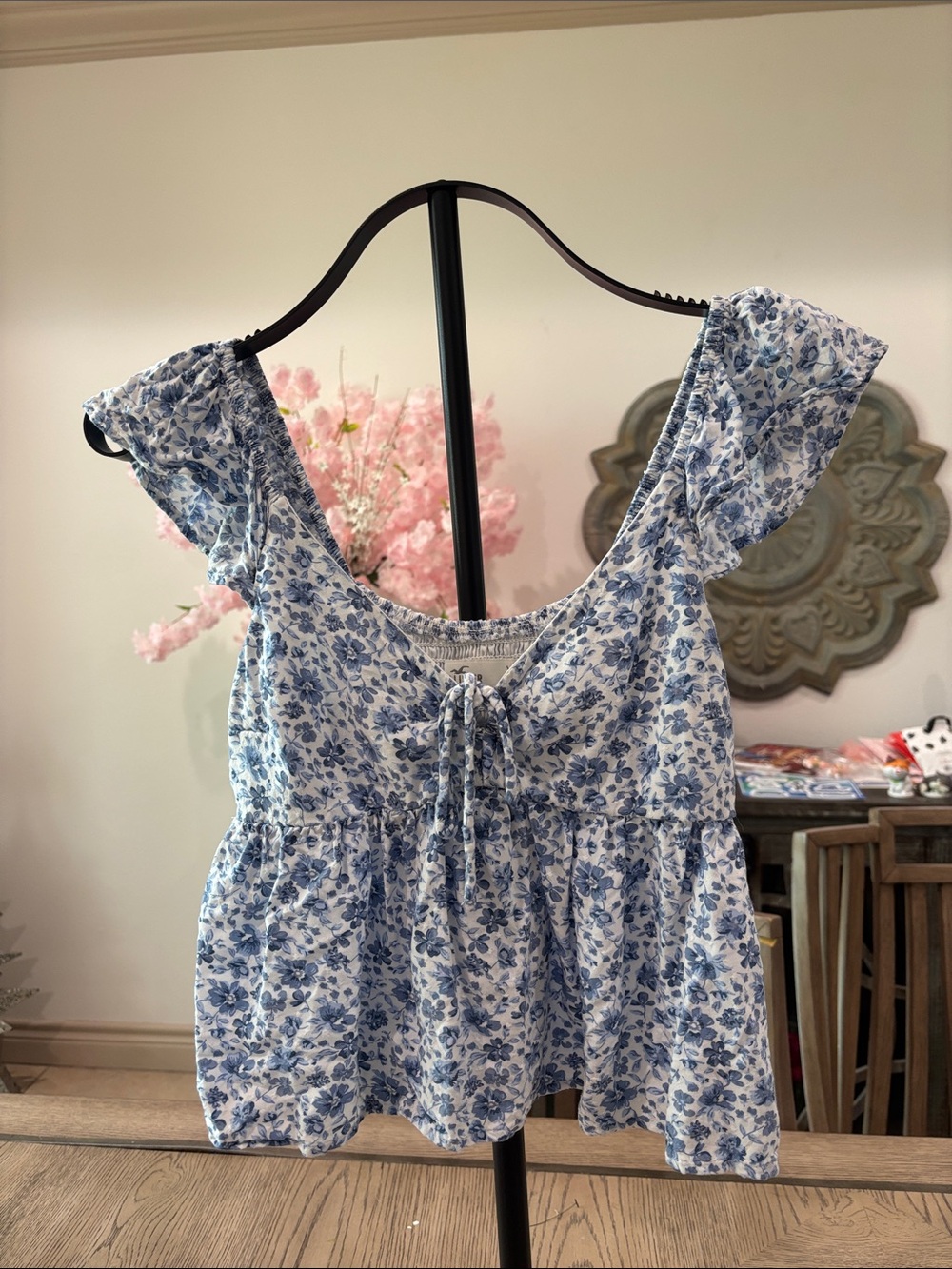 Hollister Blue Floral Tie-Front Peplum Top